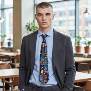 Vintage 90s Looney Tunes Neck Tie USPS Stamp Warner Bros Retro Cartoon USA 1997